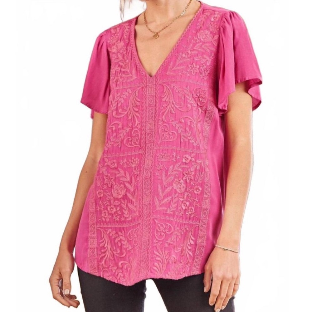 Savanna Jane Magenta Embroidered Top w/ Flutter Sleeves & V Neckline